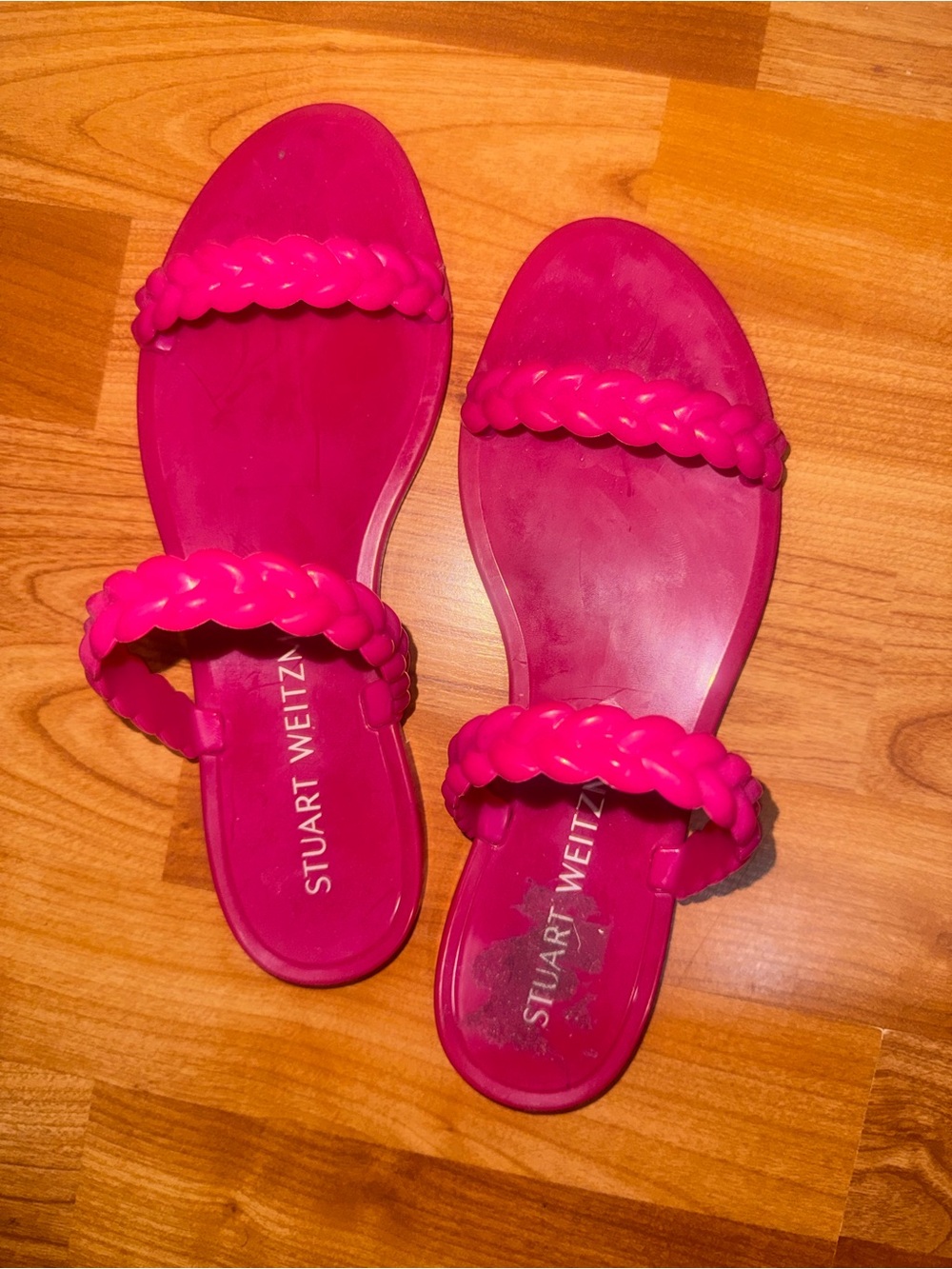 Stuart Weitzman Hot Pink Braided Double-Strap Slide Sandals